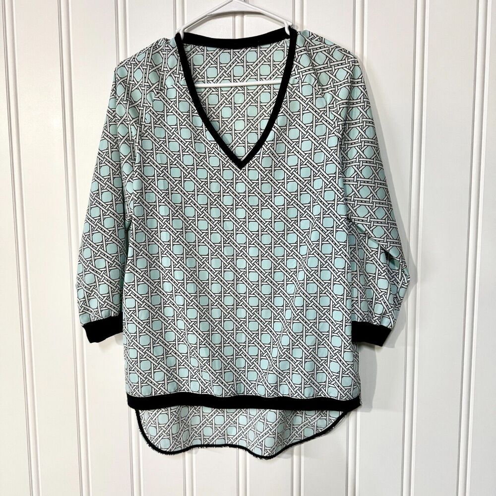 Tibi Blue Geometric High Low V Neck Polyester Black Hemmed Blouse Size XS